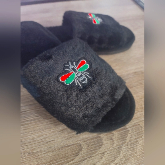 Black Furry Slippers with Embroidered Design - Picture 2 of 5